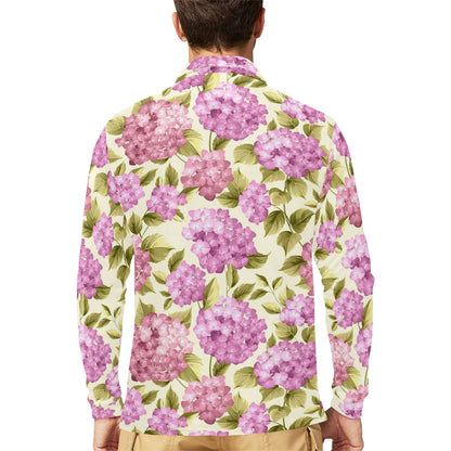 Hydrangea Pattern Print Design HD05 Long Sleeve Polo Shirt For Men's