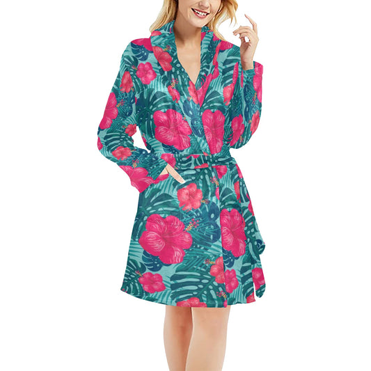 Red Hibiscus Pattern Print Design HB017 Women's Fleece Robe