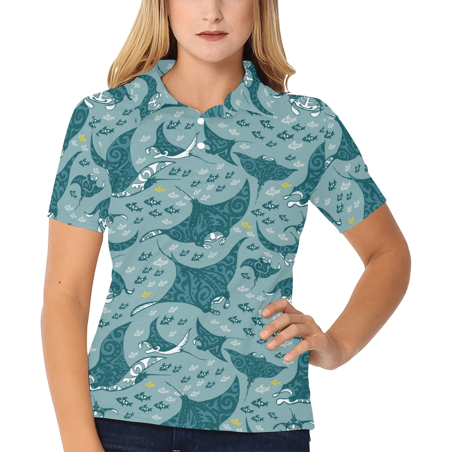 Manta Ray Tribal Pattern Print Design 03 Women's Polo Shirt