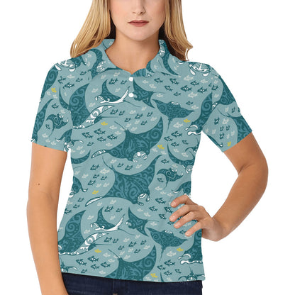Manta Ray Tribal Pattern Print Design 03 Women's Polo Shirt