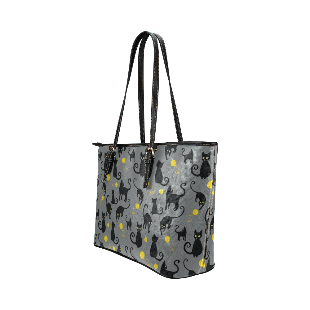 Black Cat Yellow Yarn Print Pattern Leather Tote Bag
