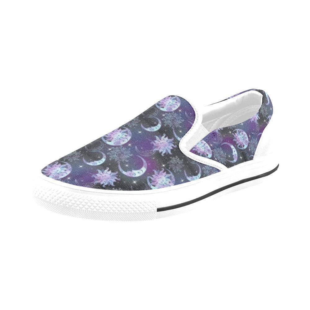 Sun Moon Print Design LKS303 White Slip Ons Canvas Women's Shoes