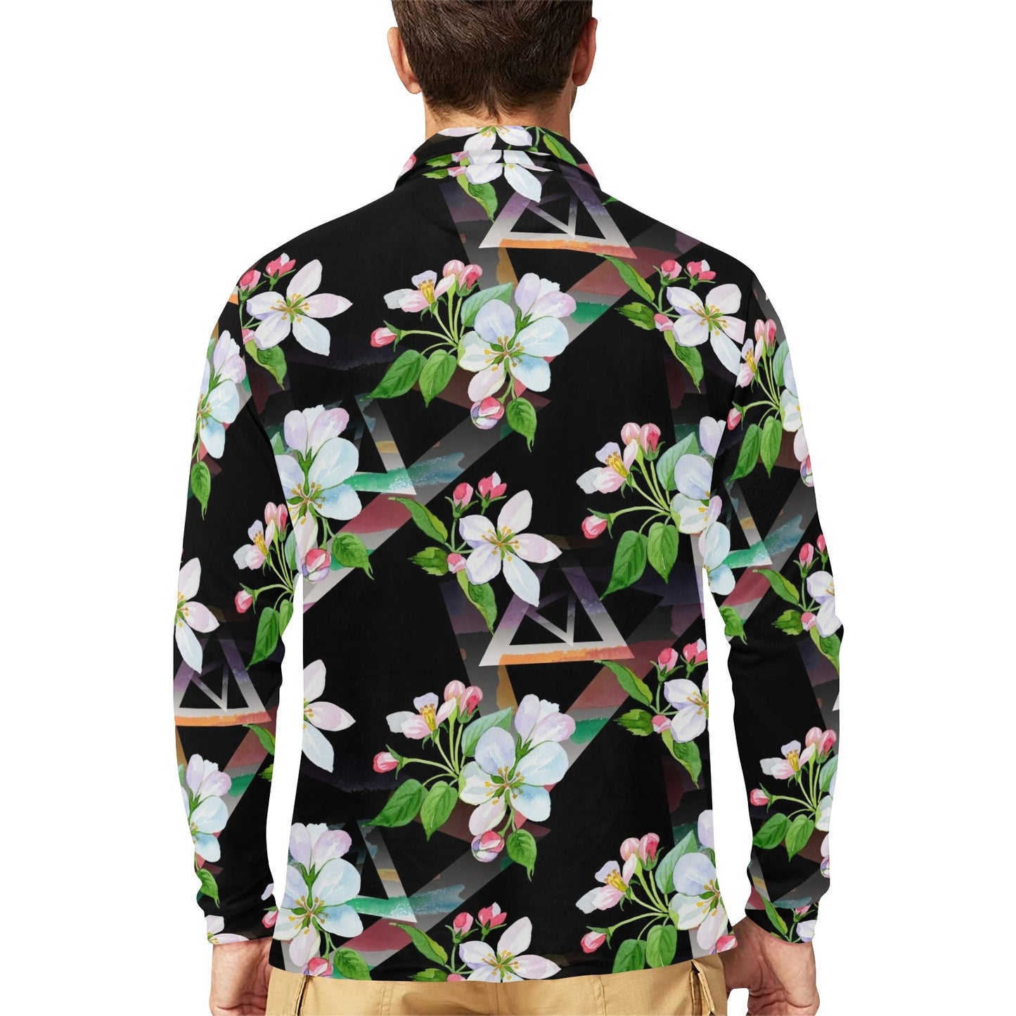 Apple blossom Pattern Print Design AB07 Long Sleeve Polo Shirt For Men's