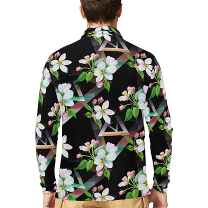 Apple blossom Pattern Print Design AB07 Long Sleeve Polo Shirt For Men's