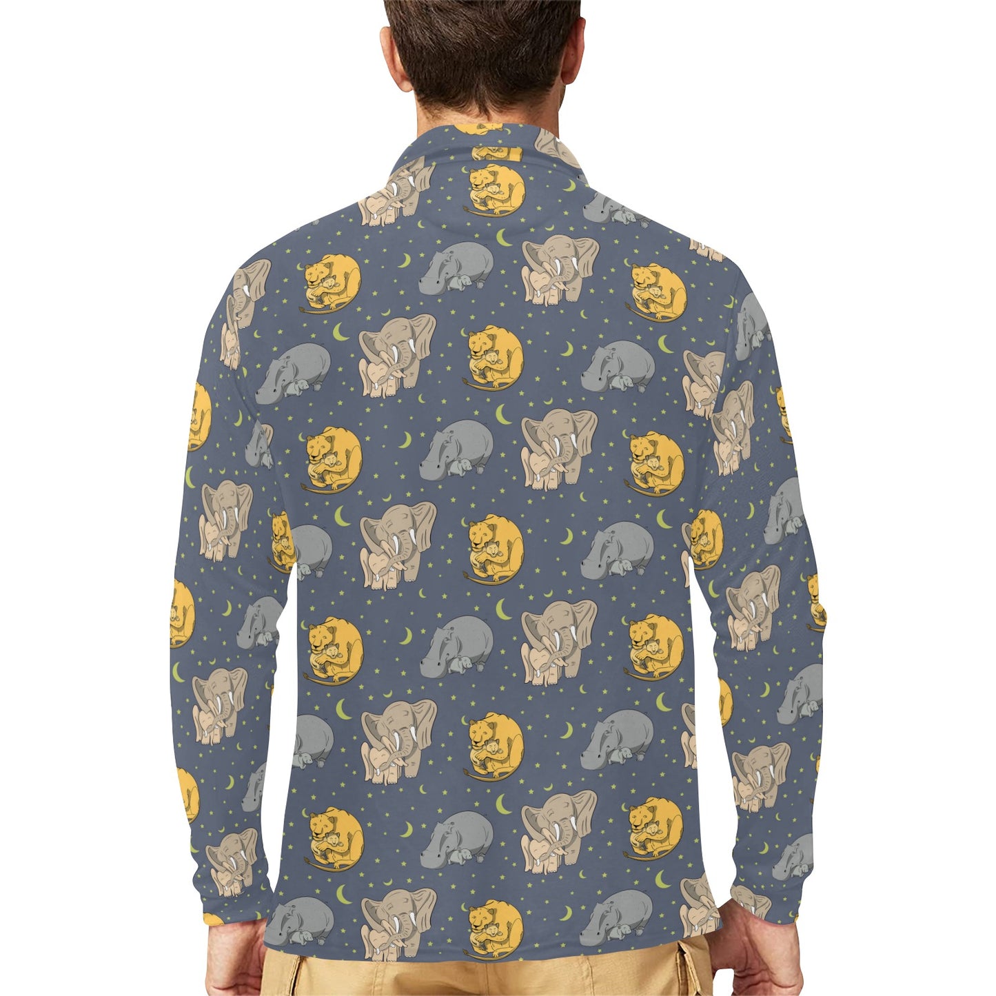 Safari Elephant Lion Print Design LKS303 Long Sleeve Polo Shirt For Men's
