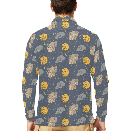 Safari Elephant Lion Print Design LKS303 Long Sleeve Polo Shirt For Men's