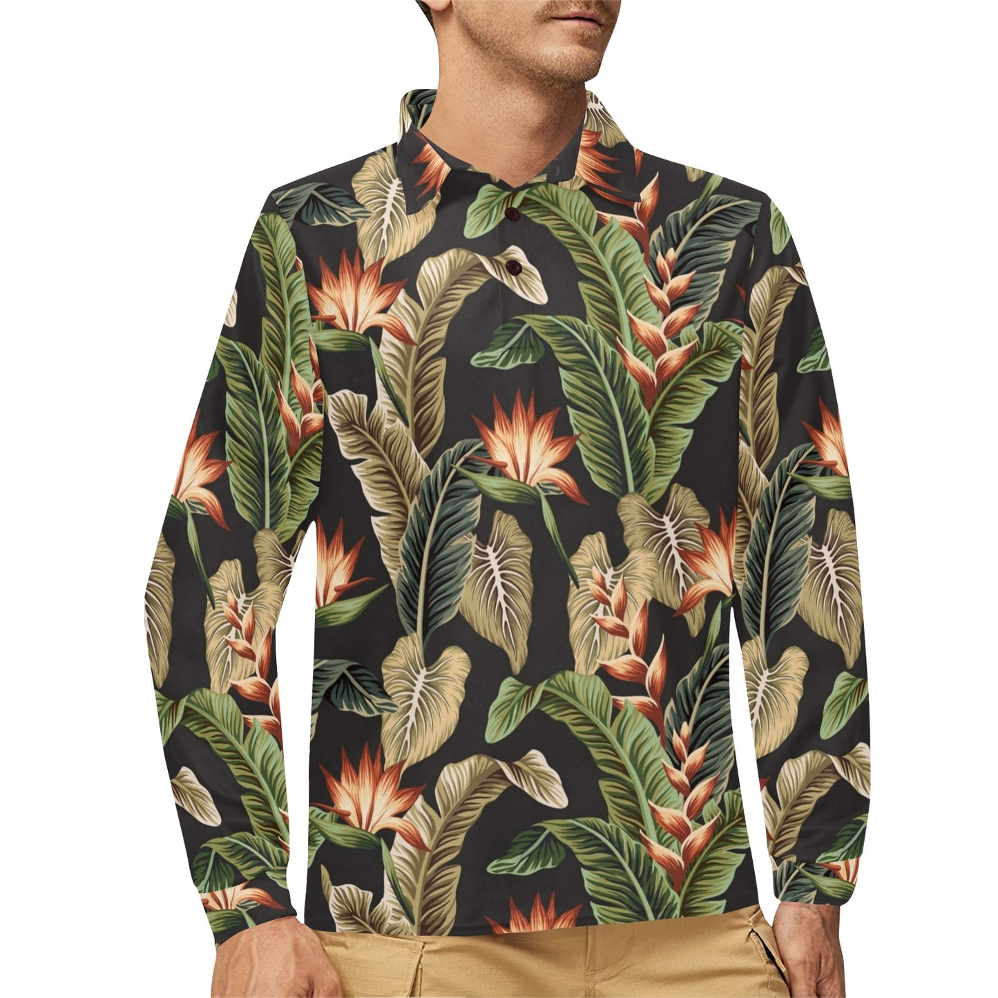 Tropical Flower Pattern Print Design TF014 Long Sleeve Polo Shirt For Men's