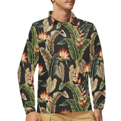 Tropical Flower Pattern Print Design TF014 Long Sleeve Polo Shirt For Men's