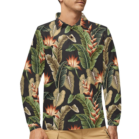 Tropical Flower Pattern Print Design TF014 Long Sleeve Polo Shirt For Men's