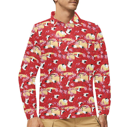 Crane Pattern Print Design 04 Long Sleeve Polo Shirt For Men's