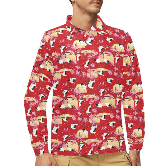 Crane Pattern Print Design 04 Long Sleeve Polo Shirt For Men's