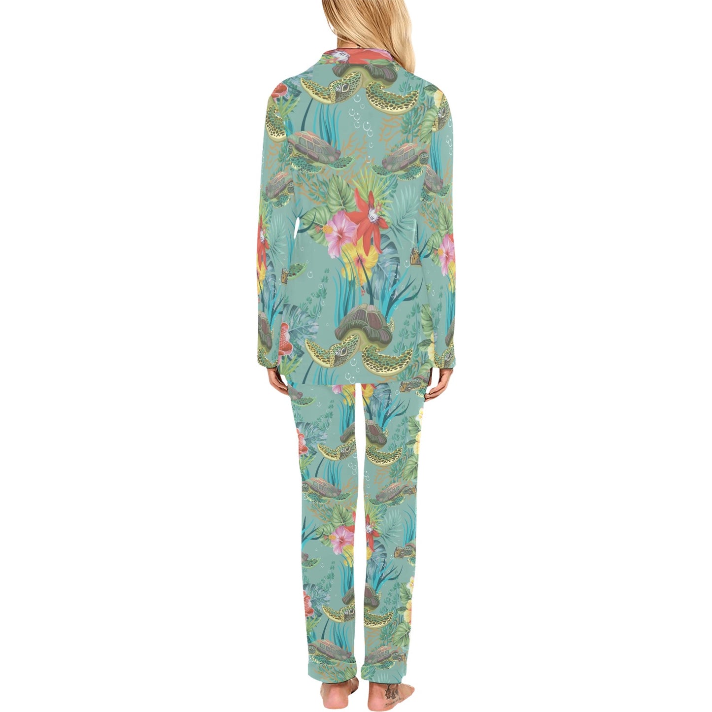 Sea Turtle Pattern Print Design T012 Women's Long Pajama Set