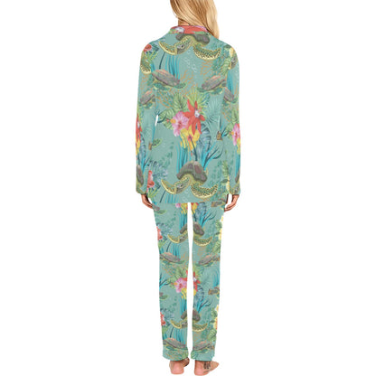 Sea Turtle Pattern Print Design T012 Women's Long Pajama Set