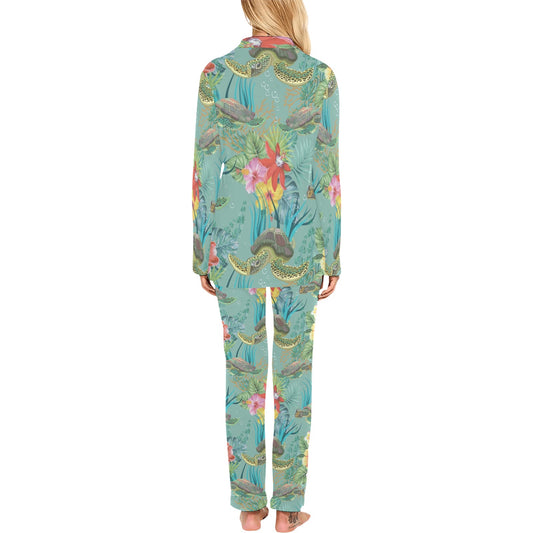 Sea Turtle Pattern Print Design T012 Women's Long Pajama Set