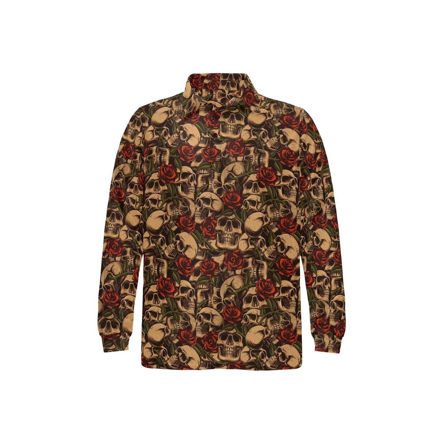 Skull Roses Vintage Design Themed Print Long Sleeve Polo Shirt For Men's