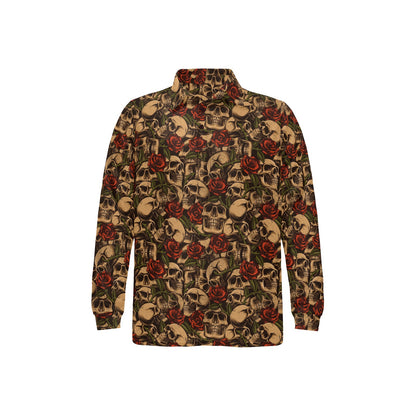 Skull Roses Vintage Design Themed Print Long Sleeve Polo Shirt For Men's