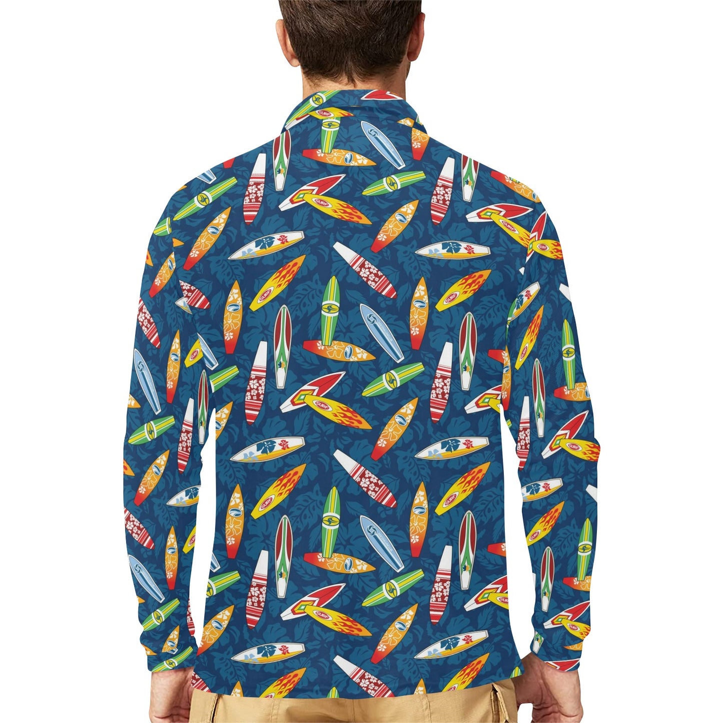 Surfboard Pattern Print Long Sleeve Polo Shirt For Men's