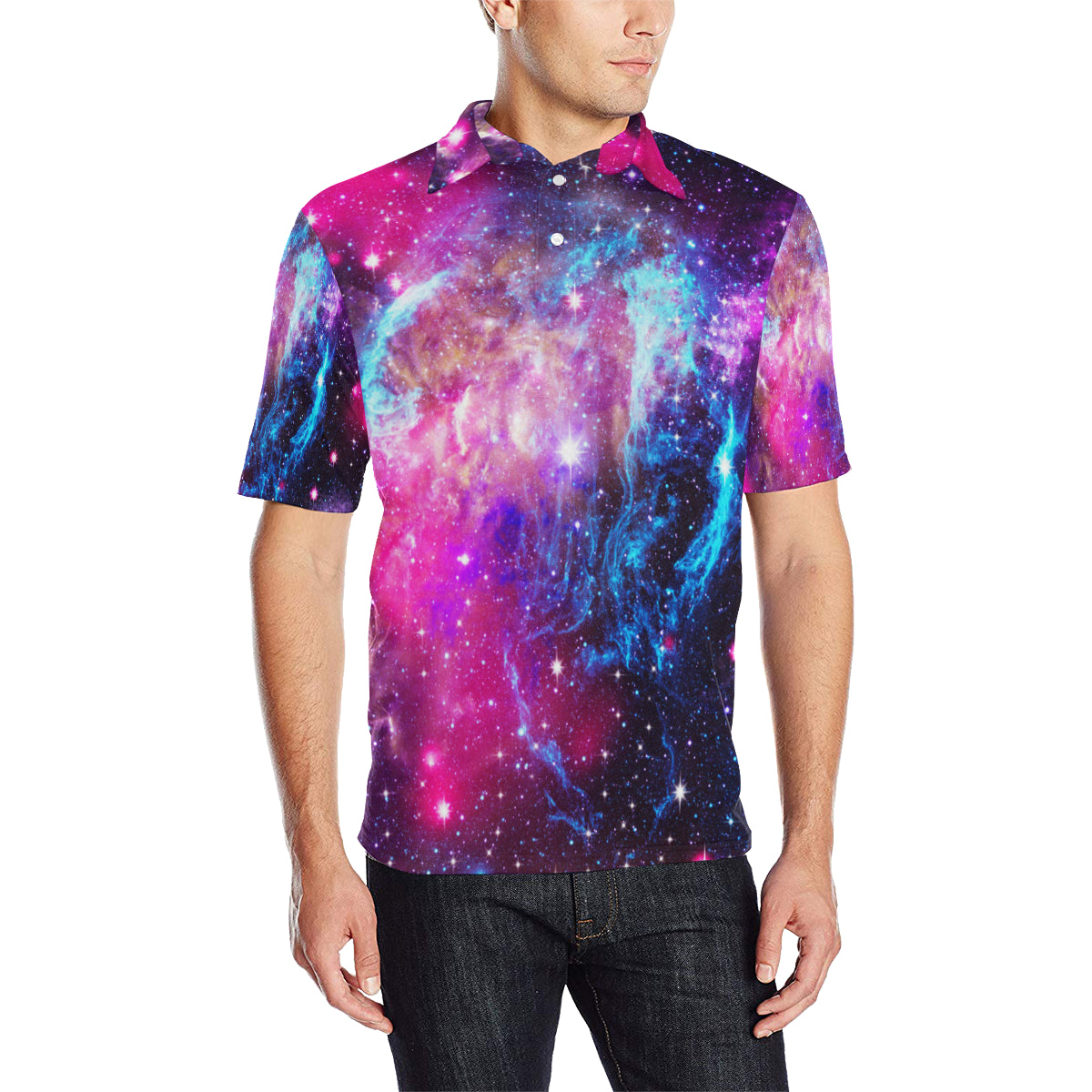 Galaxy Night Purple Space Print Men Polo Shirt