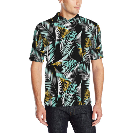 Gold Glitter Cyan Tropical Palm Leaves Men Polo Shirt