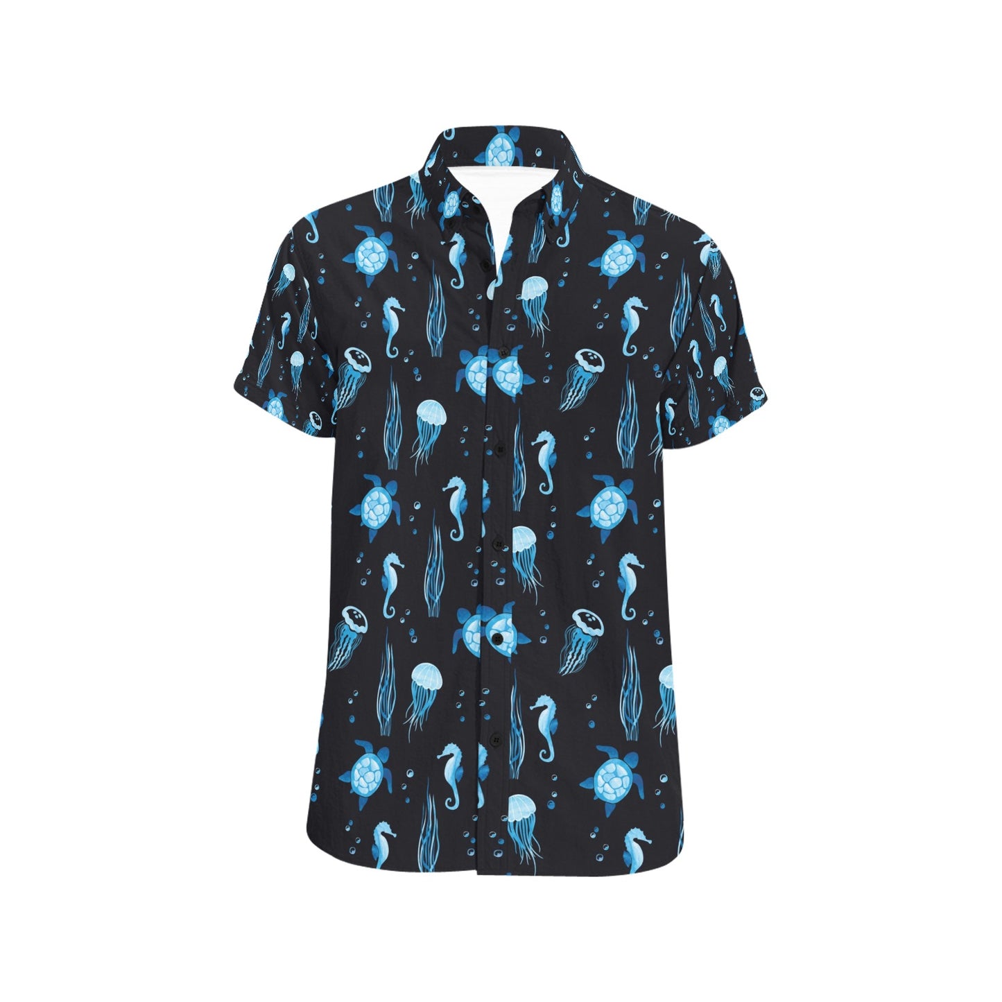 Sea Turtle Jelly Fish Sea Horse Print Design LKS3014 Men Short Sleeve Button Up Shirt