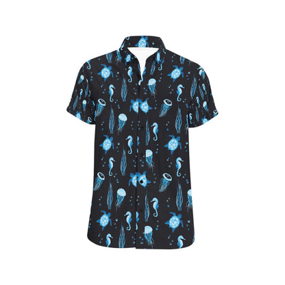 Sea Turtle Jelly Fish Sea Horse Print Design LKS3014 Men Short Sleeve Button Up Shirt