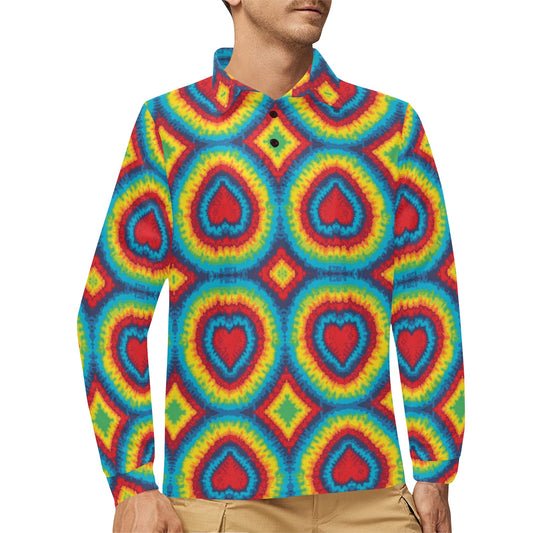 Tie Dye Heart shape Long Sleeve Polo Shirt For Men's