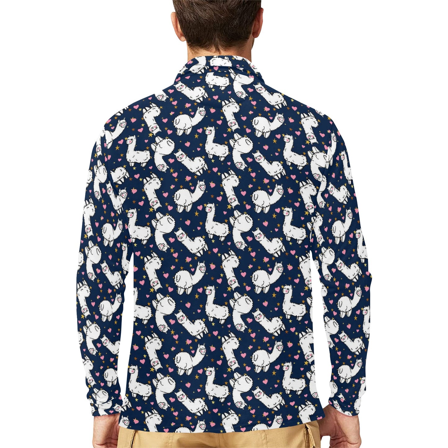 Alpaca Heart Star Design Themed Print Long Sleeve Polo Shirt For Men's
