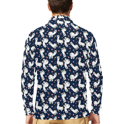 Alpaca Heart Star Design Themed Print Long Sleeve Polo Shirt For Men's