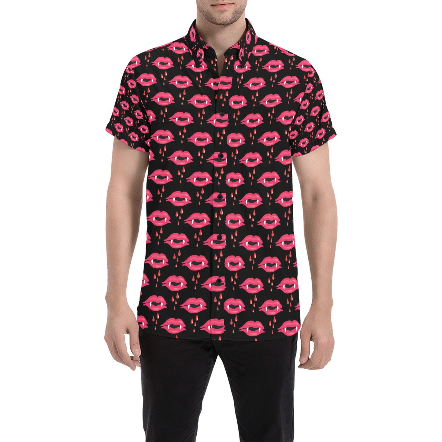 Vampire Lips Print Design LKS303 Men Short Sleeve Button Up Shirt