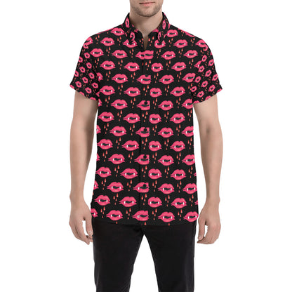 Vampire Lips Print Design LKS303 Men Short Sleeve Button Up Shirt