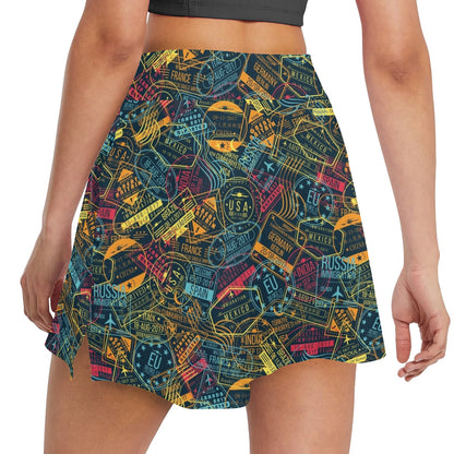 Travel Stamp Colorful Print Design LKS304 17" Golf & Pickleball Skort with Pockets