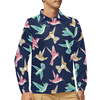 Hummingbird Cute Pattern Print Design 01 Long Sleeve Polo Shirt For Men's