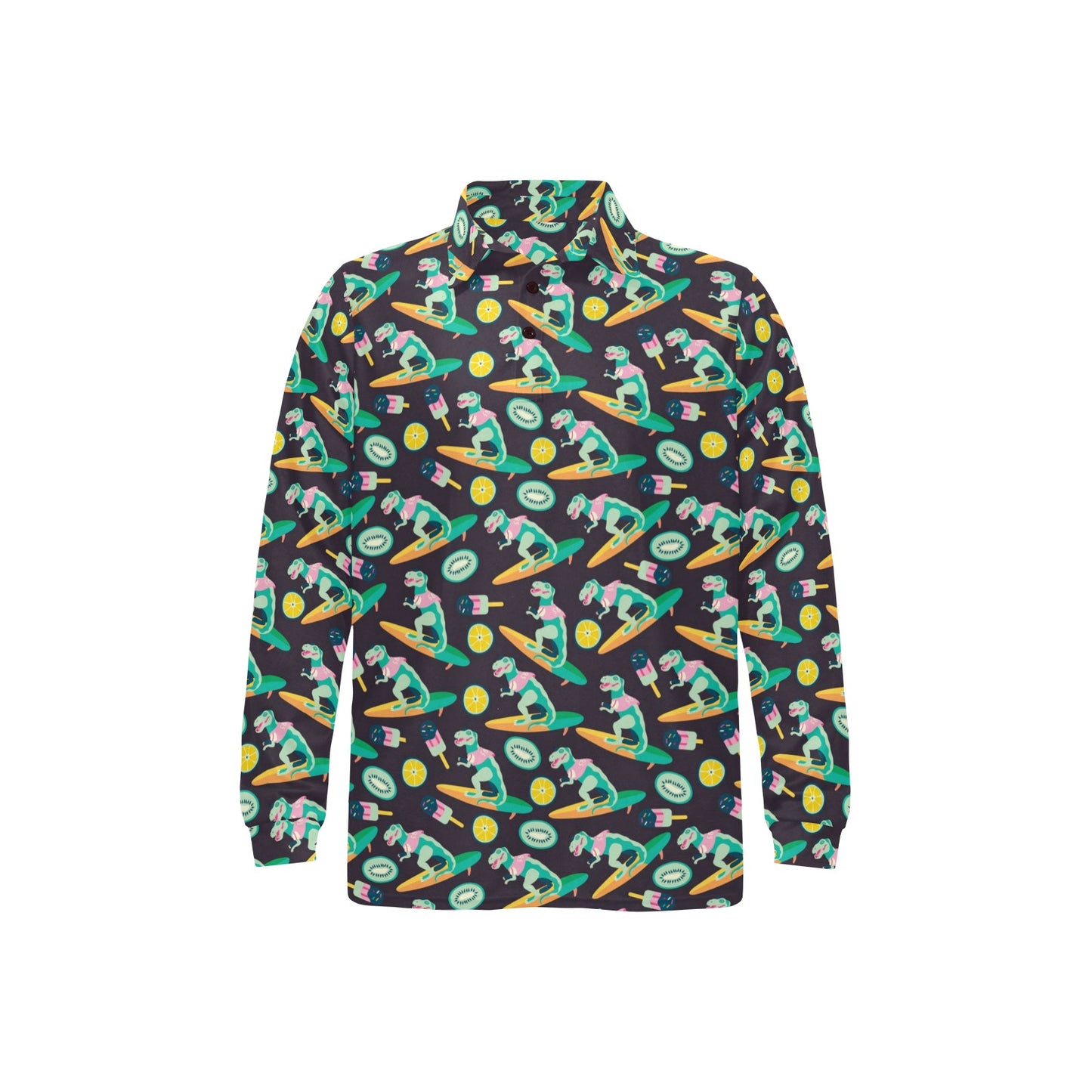 Surfboard T Rex Print Design LKS301 Long Sleeve Polo Shirt For Men's