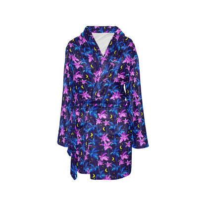 Palm Tree Night Scene Design Print Women's Fleece Robe