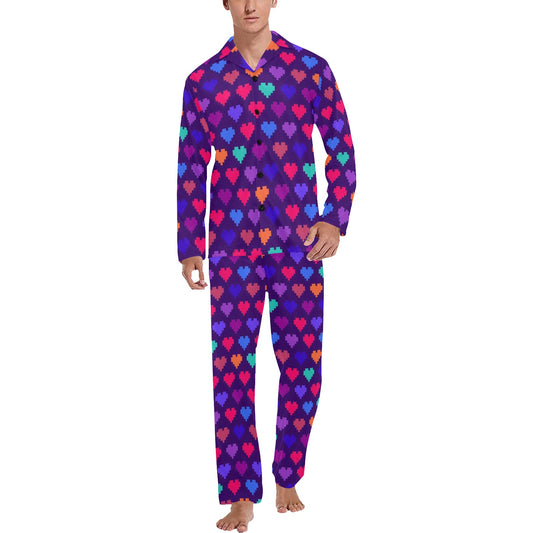 Heart Pixel Pattern Print Design HE03 Men's Long Pajama Set