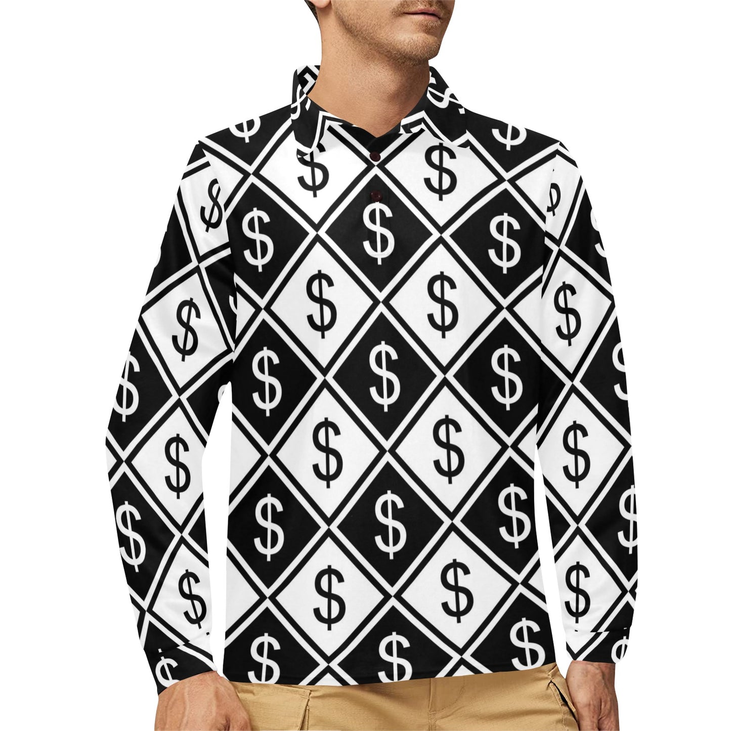 Money Pattern Print Design 04 Long Sleeve Polo Shirt For Men's
