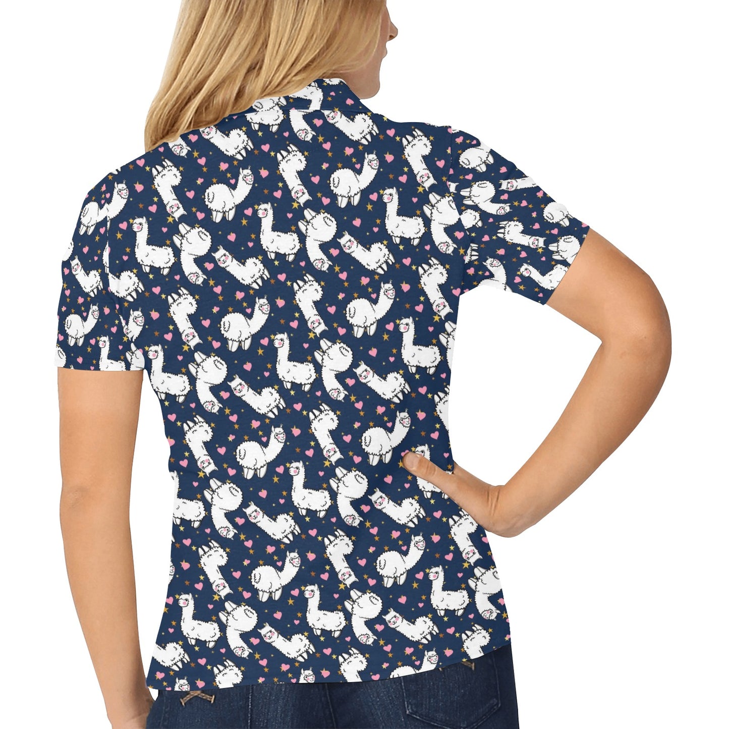 Alpaca Heart Star Design Themed Print Women's Polo Shirt