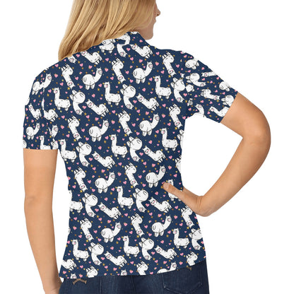 Alpaca Heart Star Design Themed Print Women's Polo Shirt