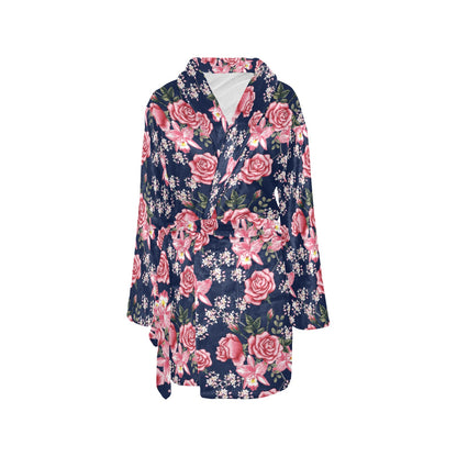 Rose Pattern Print Design A05 Women's Fleece Robe