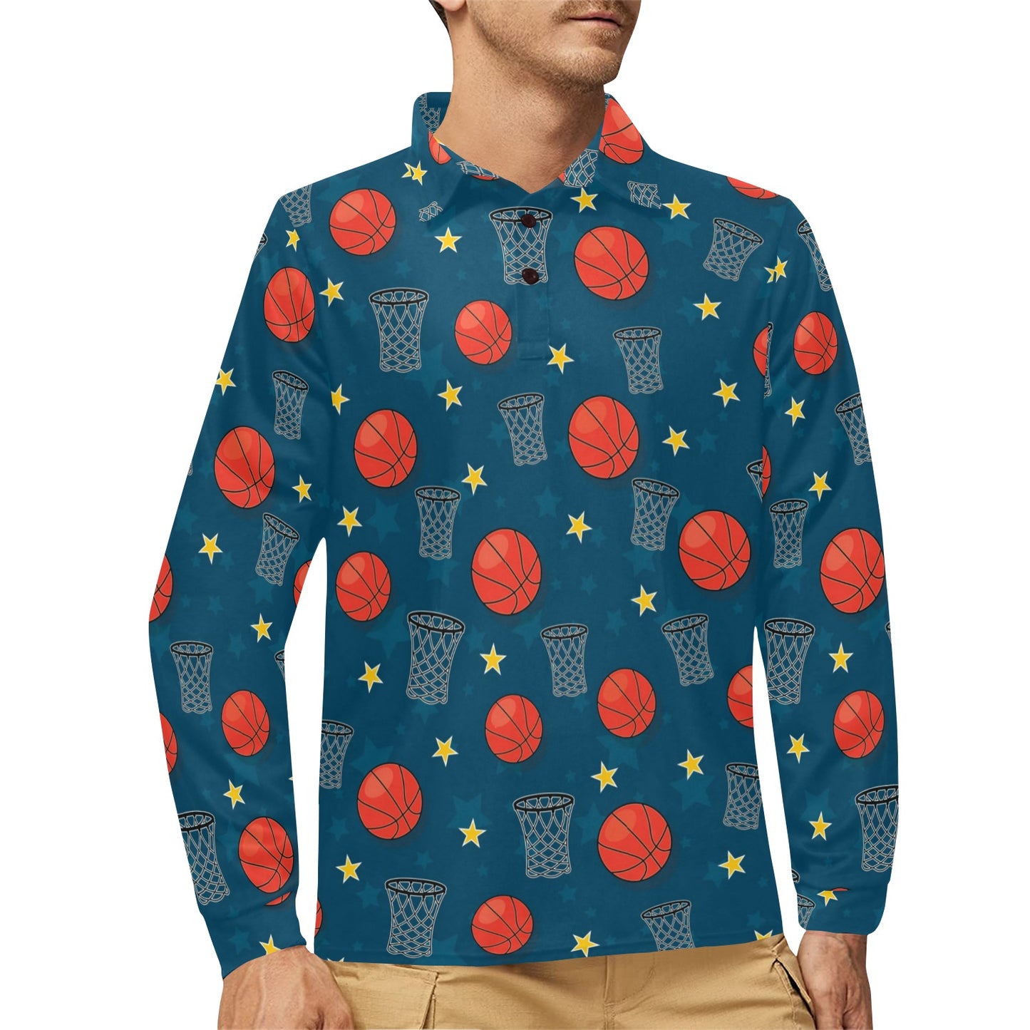 Basketball Classic Print Pattern Long Sleeve Polo Shirt For Men's