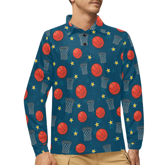 Basketball Classic Print Pattern Long Sleeve Polo Shirt For Men's