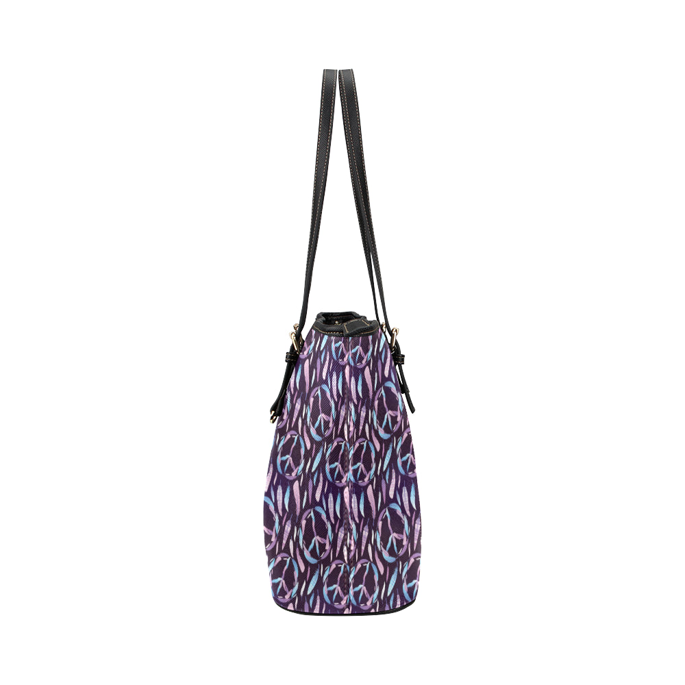 Peace Sign Feather Design Print Leather Tote Bag