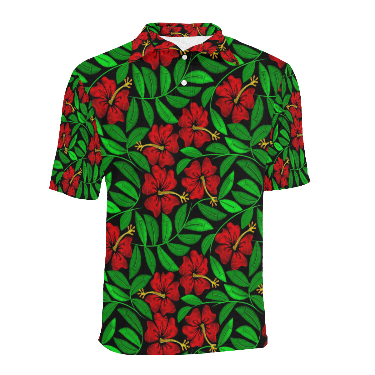 Red Hibiscus Embroidered Pattern Print Design HB03 Men Polo Shirt