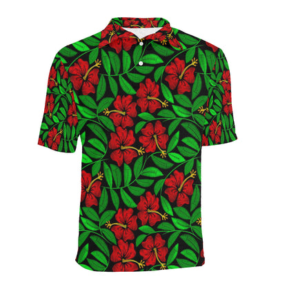 Red Hibiscus Embroidered Pattern Print Design HB03 Men Polo Shirt