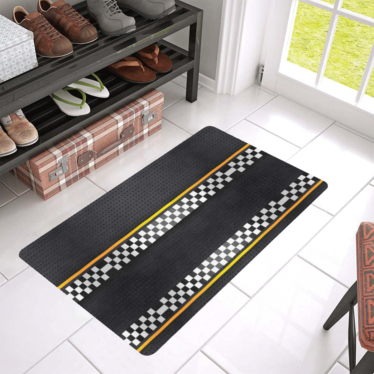 Checkered Flag Yellow Line Style Rubber Doormat