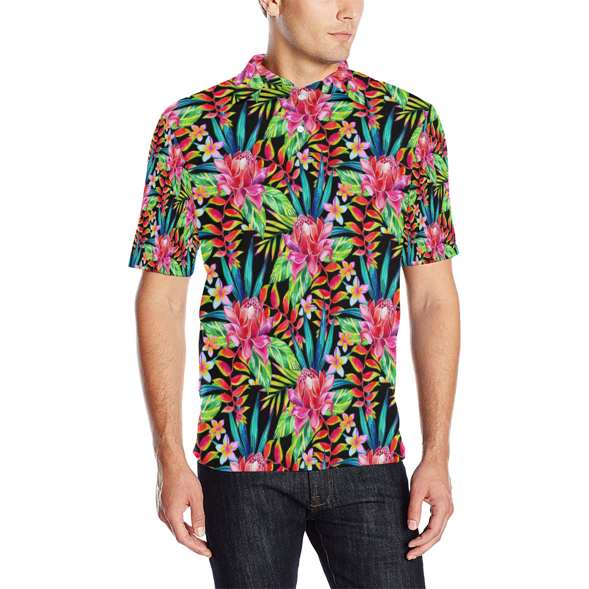 Heliconia Pattern Print Design HL02 Men Polo Shirt