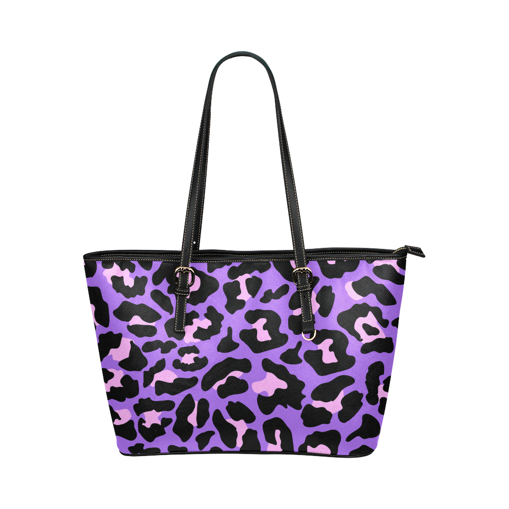 Cheetah Purple Neon Print Pattern Leather Tote Bag