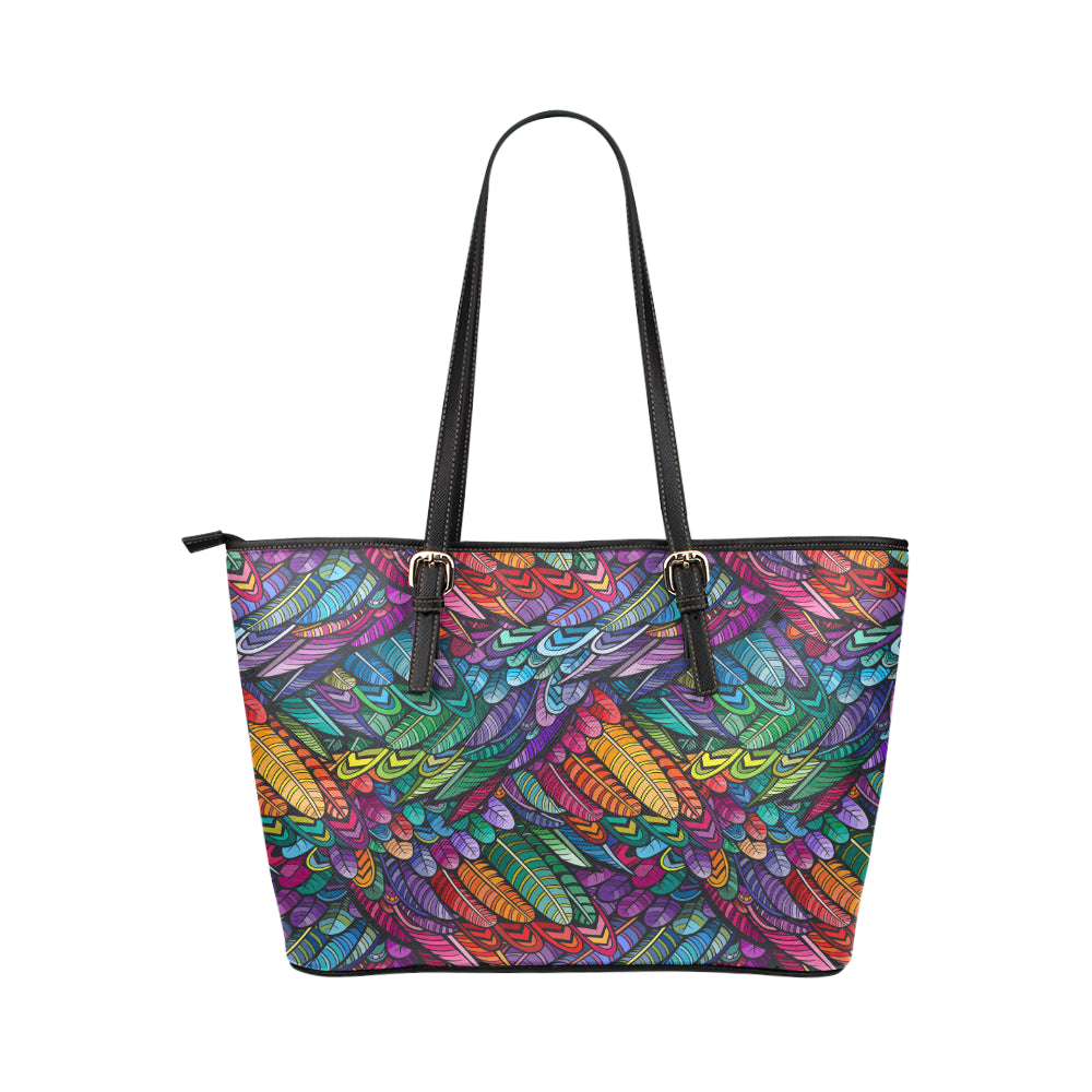 Feather Multicolor Design Print Leather Tote Bag