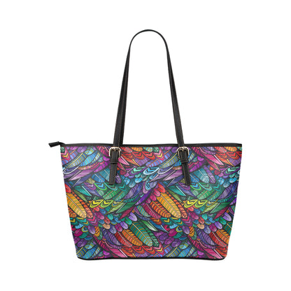Feather Multicolor Design Print Leather Tote Bag
