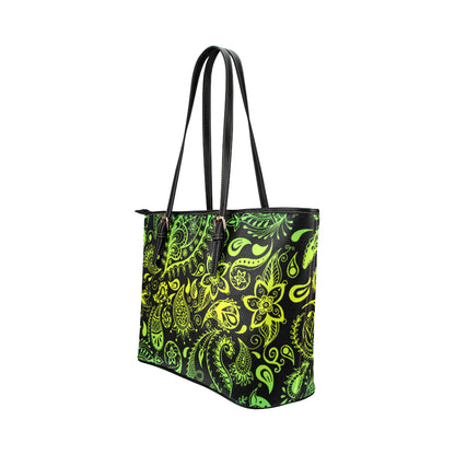 Paisley Green Design Print Leather Tote Bag
